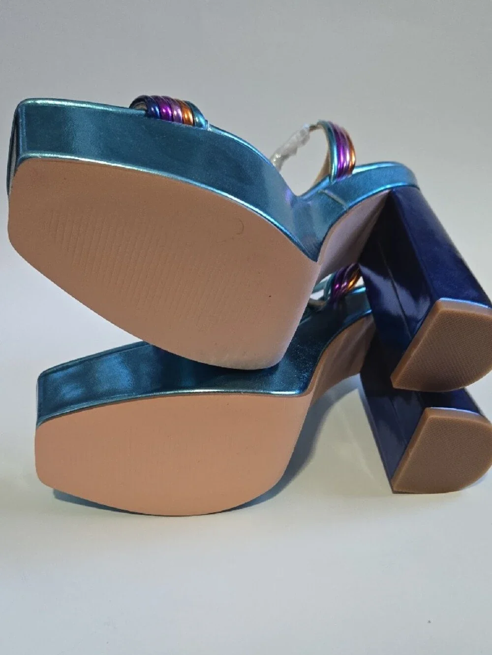 New SHEIN Teal Platform Sandals with Multicolor Metallic Straps